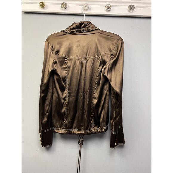 Cache Silk Jacket Womens XS Brown Gold button Metallic Shimmer Pockets Y2K - Picture 2 of 7